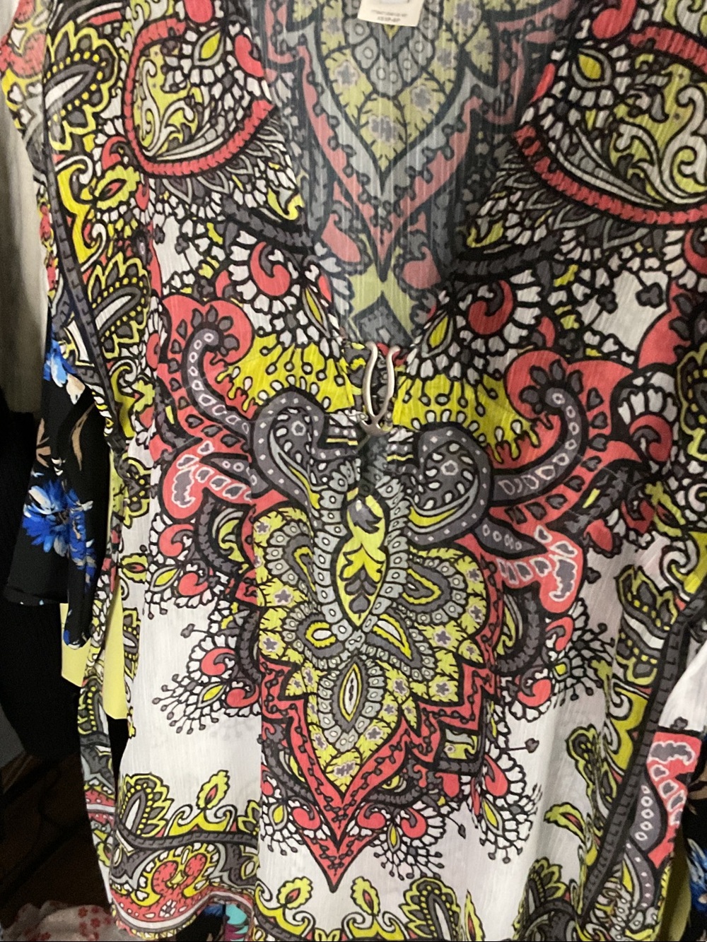 Women’s Printed V-Neck Tunic Top - Coral, Yellow & Gray